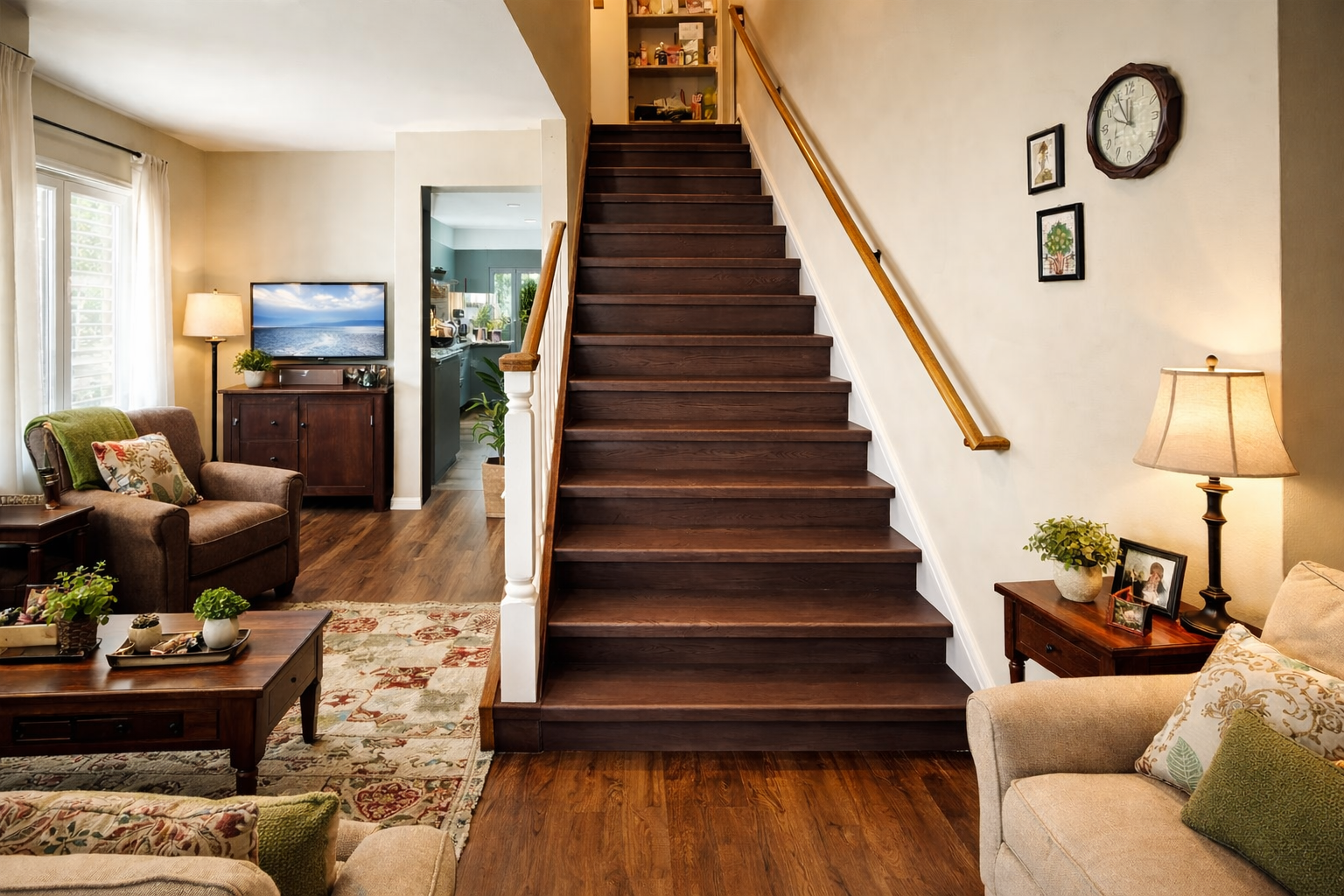 Interior staircase with dark wood stair treads and matching flooring